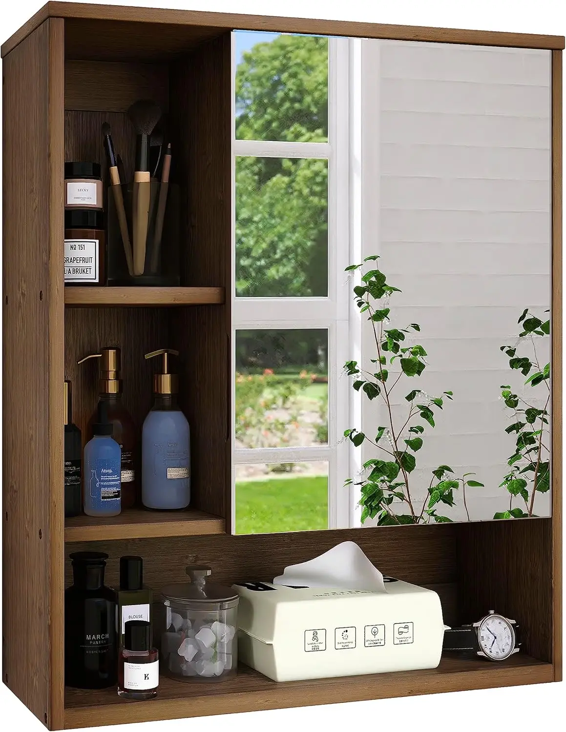 Bamboo Wall Mounted Mirror Cabinet with Adjustable Shelf, Space Saver Over Toilet Storage in Walnut Finish
Bamboo Wall Mounted Mirror Cabinet with Adjustable Shelf, Space Saver Over Toilet Storage in Walnut Finish