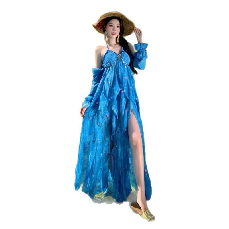 2026 New Women Streetwear Summer Vacation Long Dress Dyed Blue Rose Backless Suspender Detachable Sleeves Slit Irregular Dresses
2026 New Women Streetwear Summer Vacation Long Dress Dyed Blue Rose Backless Suspender Detachable Sleeves Slit Irregular Dresses