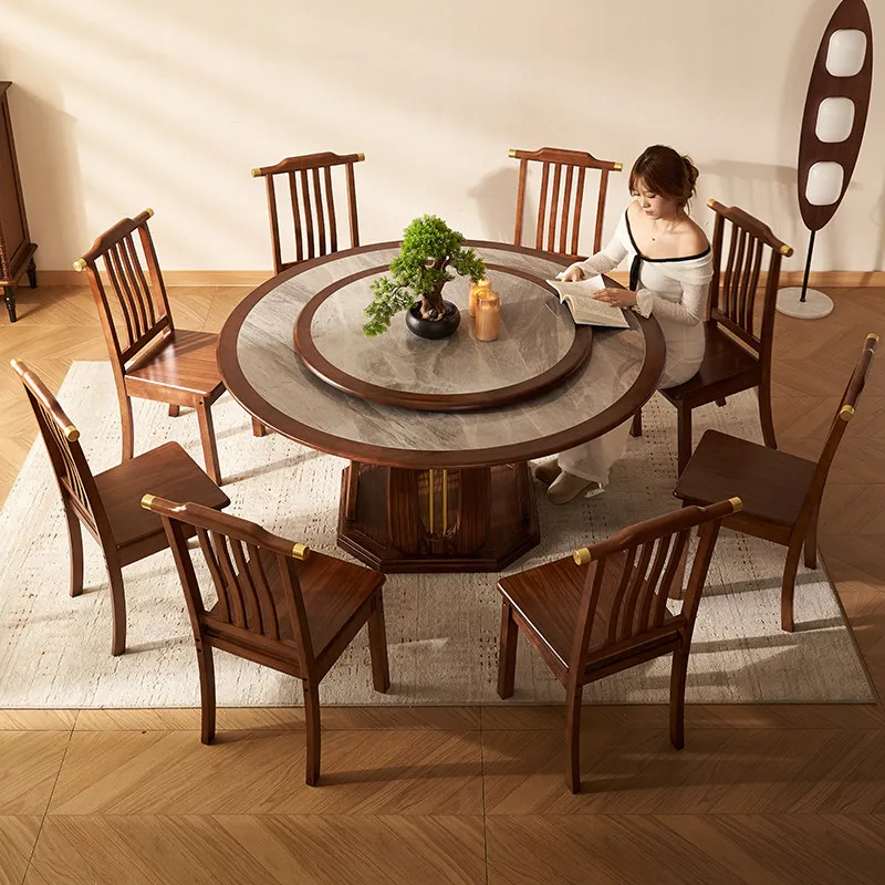 New Chinese-style wooden round dining table, all solid wood rock slab with turntable for 10 people and 12 people, high-end table
New Chinese-style wooden round dining table, all solid wood rock slab with turntable for 10 people and 12 people, high-end table