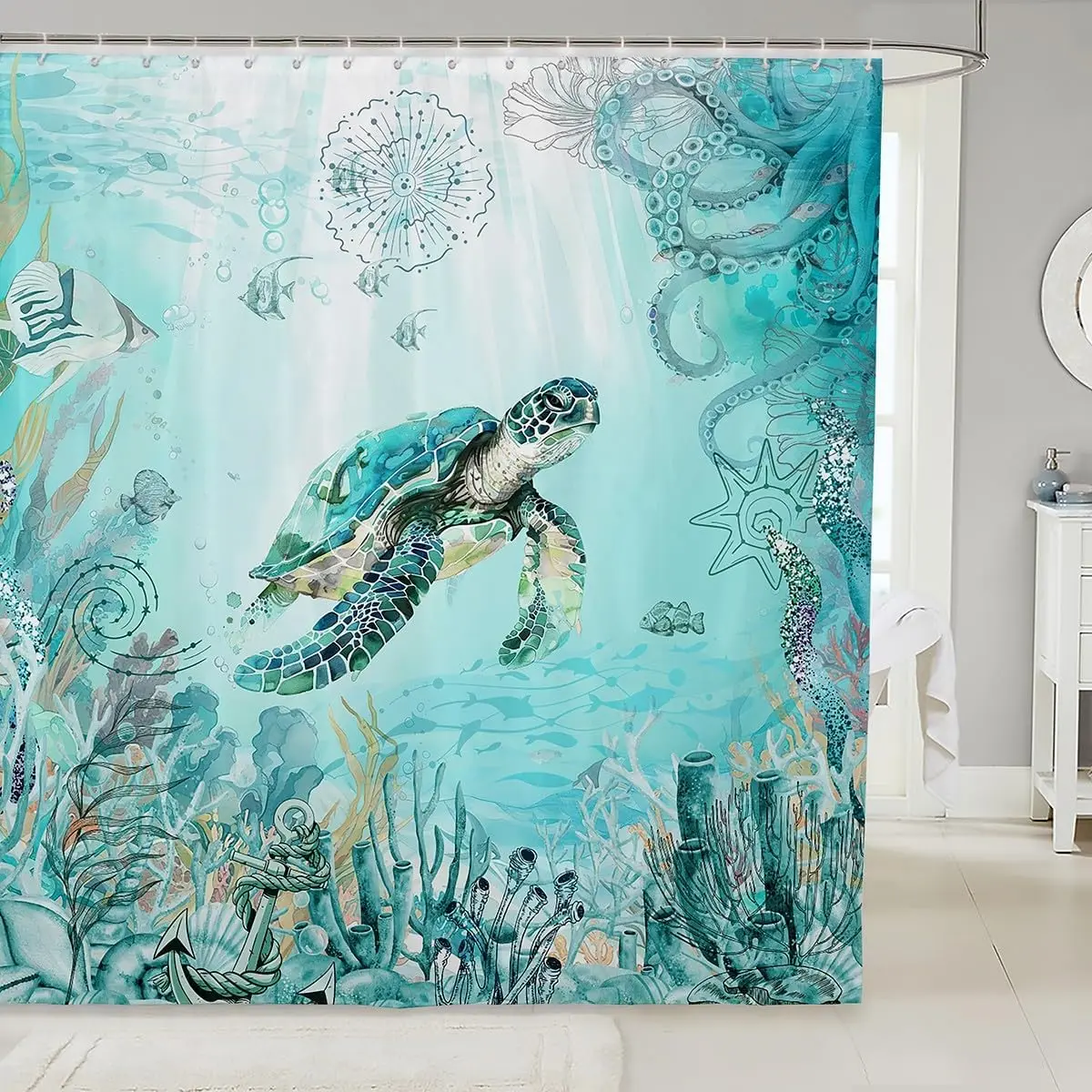Занавеска для душа с изображением морских черепах, кораллов, рыб и осьминогов, подводная сцена, морская тематика, декор для ванной комнаты
Занавеска для душа с изображением морских черепах, кораллов, рыб и осьминогов, подводная сцена, морская тематика, декор для ванной комнаты