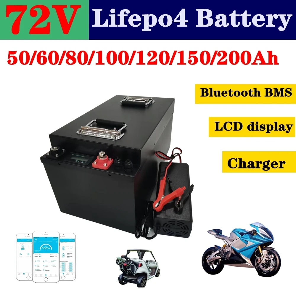 Lifepo4 battery pack 72V50Ah 80Ah 100Ah 120Ah 150Ah 200Ah with bluetooth BMS APP 8000W for Scooter Motorcycle Tricycle Golf car
Lifepo4 battery pack 72V50Ah 80Ah 100Ah 120Ah 150Ah 200Ah with bluetooth BMS APP 8000W for Scooter Motorcycle Tricycle Golf car