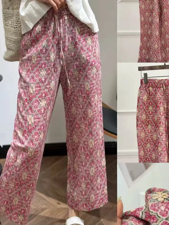 Summer Casual Loose Wide Leg Pants Women's Pink Floral Print Ice Silk Straight Cut Trousers Slimming Drapey Female Fashion
Summer Casual Loose Wide Leg Pants Women's Pink Floral Print Ice Silk Straight Cut Trousers Slimming Drapey Female Fashion