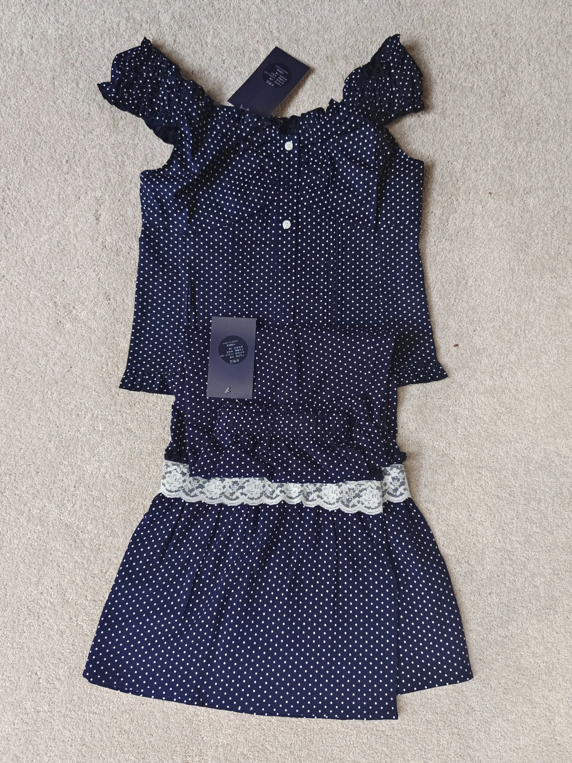 Polka Dot Navy Blouse Skirt Set Woman Ruffles Puff Sleeve Shirts+Lace Trim A-line Midi Skirts Sweet Elegant Cotton 2 Piece Sets
Polka Dot Navy Blouse Skirt Set Woman Ruffles Puff Sleeve Shirts+Lace Trim A-line Midi Skirts Sweet Elegant Cotton 2 Piece Sets