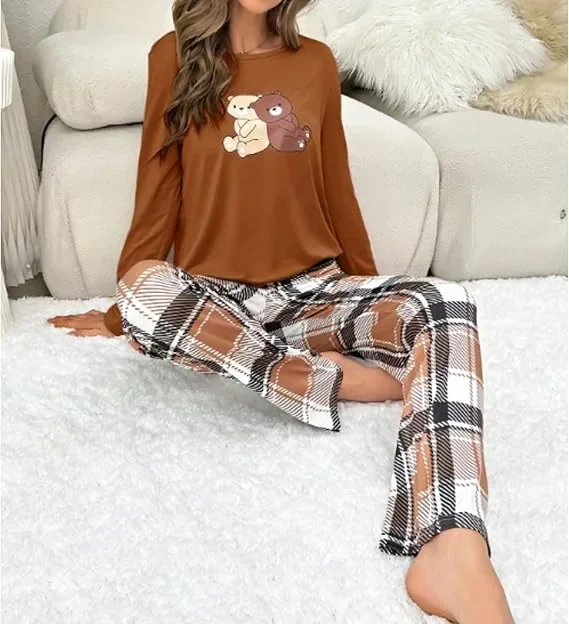 Pajama for Women Cartoon Print Screw Neck Long Sleeves Top&Plaid Full-Length Pants Female 2 Pieces Sleepwear Nightwear Homewear
Pajama for Women Cartoon Print Screw Neck Long Sleeves Top&Plaid Full-Length Pants Female 2 Pieces Sleepwear Nightwear Homewear