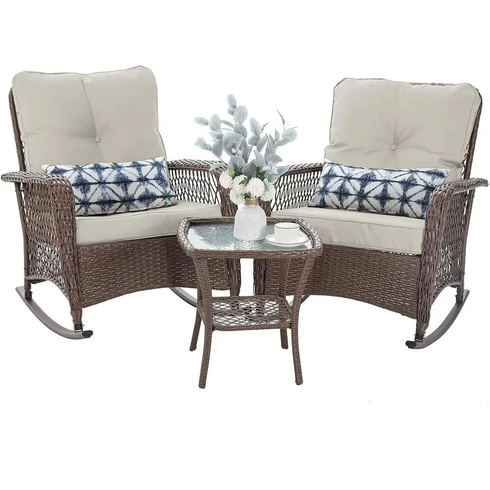 3-Piece Outdoor Patio Bistro Set with Cushions, Brown Wicker Rocking Chairs and Table for Backyard or Garden (Pale White)
3-Piece Outdoor Patio Bistro Set with Cushions, Brown Wicker Rocking Chairs and Table for Backyard or Garden (Pale White)