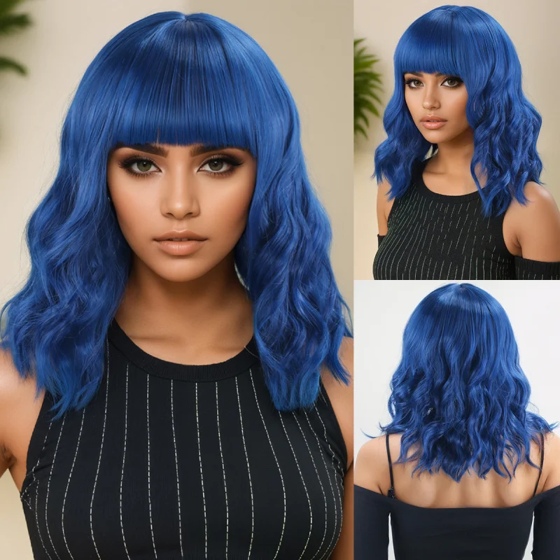 European and American style with bangs, short curly hair, royal blue synthetic fiber cosplay wig for women, full head cover
European and American style with bangs, short curly hair, royal blue synthetic fiber cosplay wig for women, full head cover