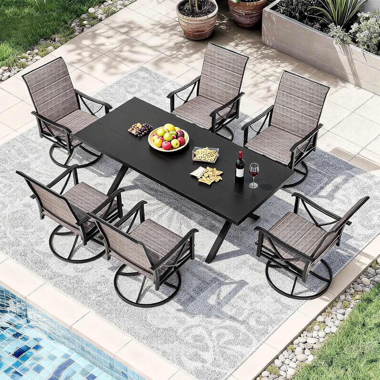 7pc Metal Outdoor Dining Set X-Leg Table 1.5in Umbrella Hole 6 Teslin Swivel Chairs Patio Furniture Backyard Deck Customized
7pc Metal Outdoor Dining Set X-Leg Table 1.5in Umbrella Hole 6 Teslin Swivel Chairs Patio Furniture Backyard Deck Customized