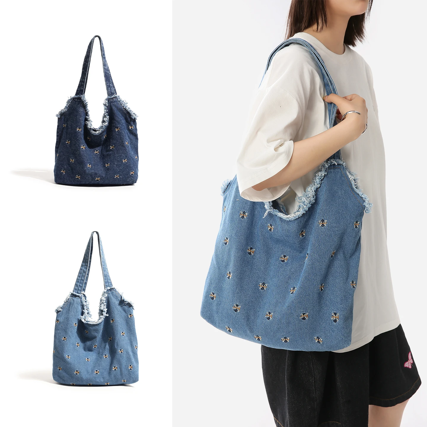 Vintage Frayed Denim Shoulder Tote Bag with Bow Embroidery Soft Washed Jeans Hobo Bag Large Capacity for Work Travel Shopping
Vintage Frayed Denim Shoulder Tote Bag with Bow Embroidery Soft Washed Jeans Hobo Bag Large Capacity for Work Travel Shopping