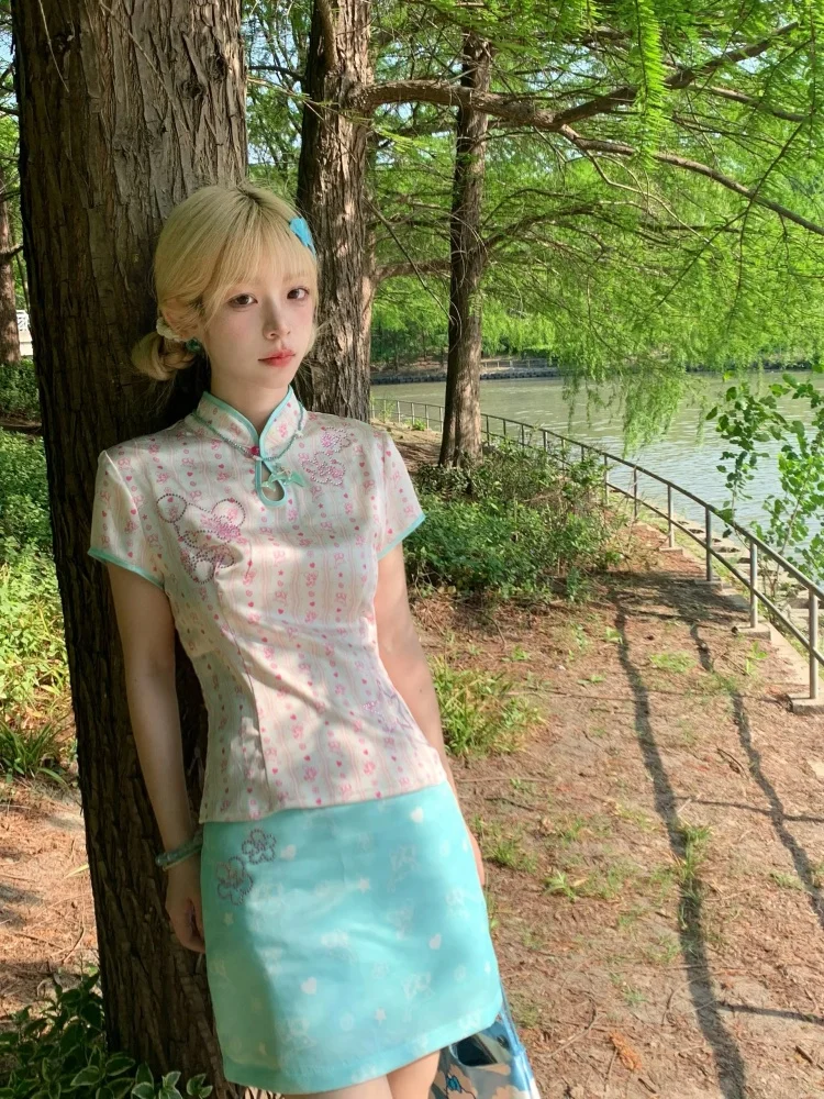 Mint Green Slimming Chinese Style Women's Summer Fashion Set Short Sleeve Printed Skirt Short Skirt Ensemble
Mint Green Slimming Chinese Style Women's Summer Fashion Set Short Sleeve Printed Skirt Short Skirt Ensemble