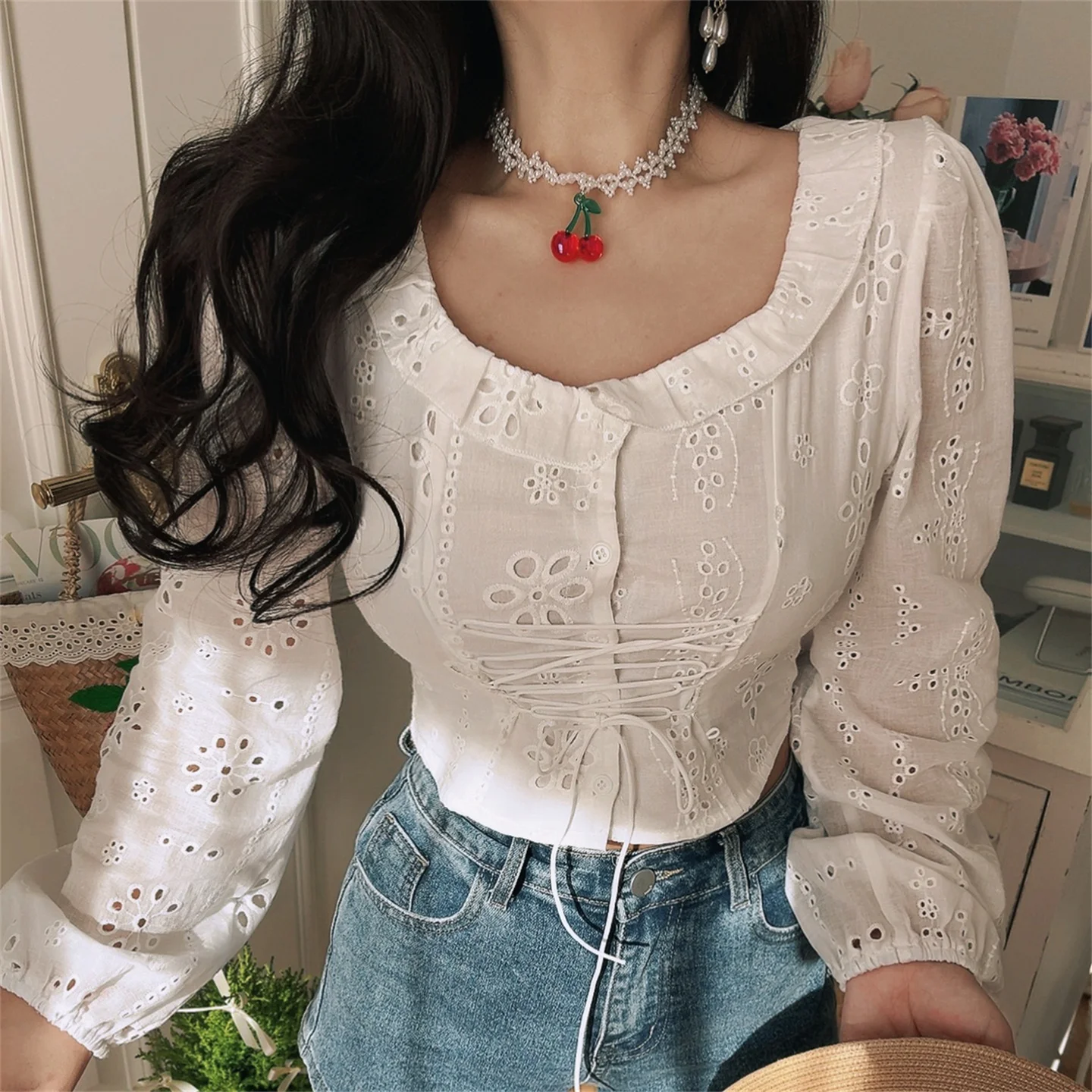 French Sle Dstring Lantern Sve Small irt Women's Faion Spring White irt Retro Collar Breathable Polyester
French Sle Dstring Lantern Sve Small irt Women's Faion Spring White irt Retro Collar Breathable Polyester