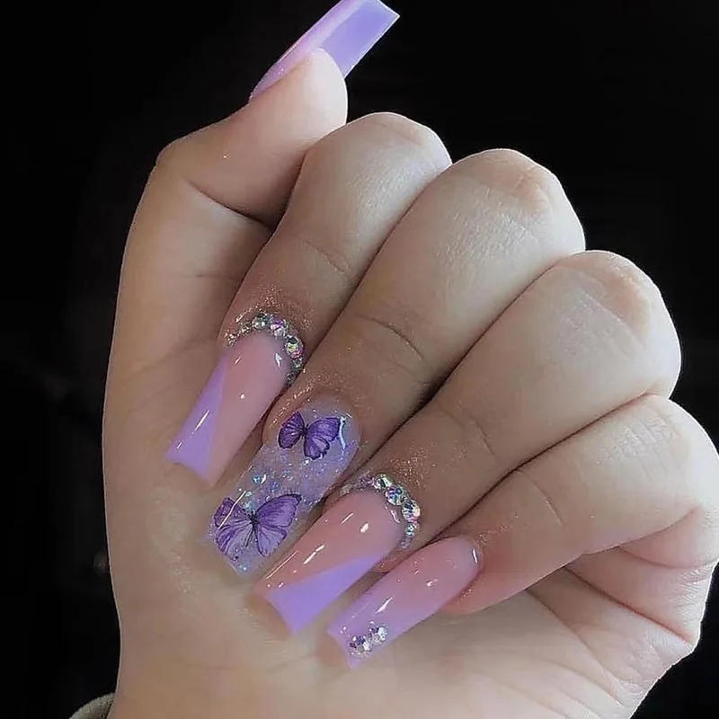 24Pcs Iridescent Press-On Nails – Long Square Shape With Ice Cream Purple & Diamond Butterfly Designs Sweet Fantasy Style
24Pcs Iridescent Press-On Nails – Long Square Shape With Ice Cream Purple & Diamond Butterfly Designs Sweet Fantasy Style