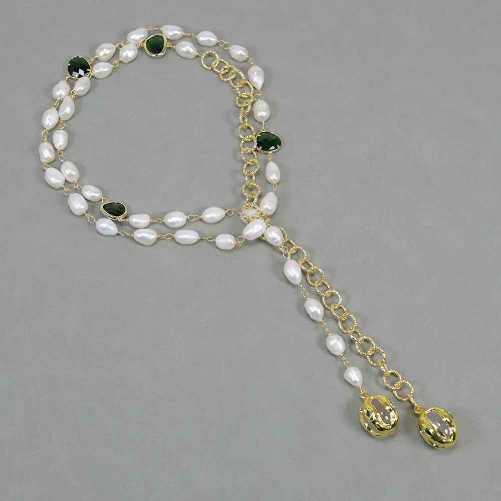 44'' White Keshi Pearl Long Chain Necklace Green Crystal White Quartz Gold Plated Pendant
44'' White Keshi Pearl Long Chain Necklace Green Crystal White Quartz Gold Plated Pendant