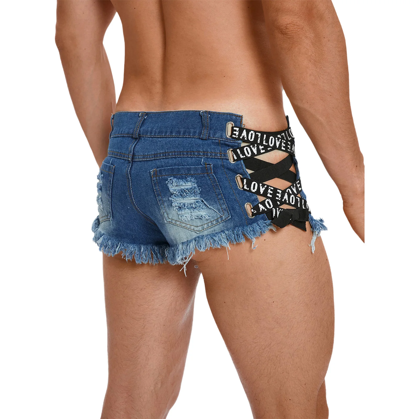 Mens Denim Jeans Shorts Letters Ribbons Trimmings Criss-cross Skinny Low-waist Ultrashort Bottoms for Nightclub Festival Party
Mens Denim Jeans Shorts Letters Ribbons Trimmings Criss-cross Skinny Low-waist Ultrashort Bottoms for Nightclub Festival Party