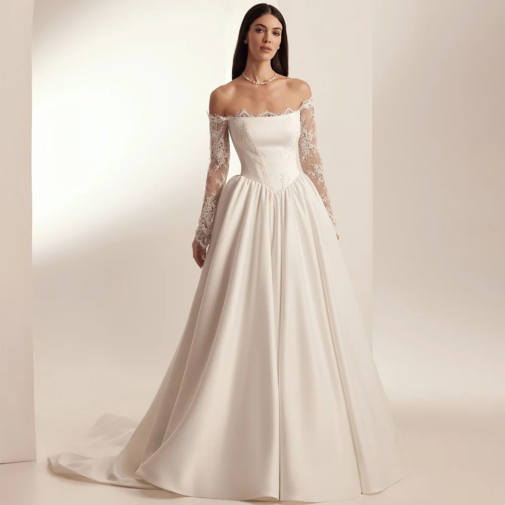 Temperament Lace Long Sleeves Wedding Dress Customized Appliques Satin Vestido De Novia Dreamy A-Line Strapless Bridal Gowns
Temperament Lace Long Sleeves Wedding Dress Customized Appliques Satin Vestido De Novia Dreamy A-Line Strapless Bridal Gowns