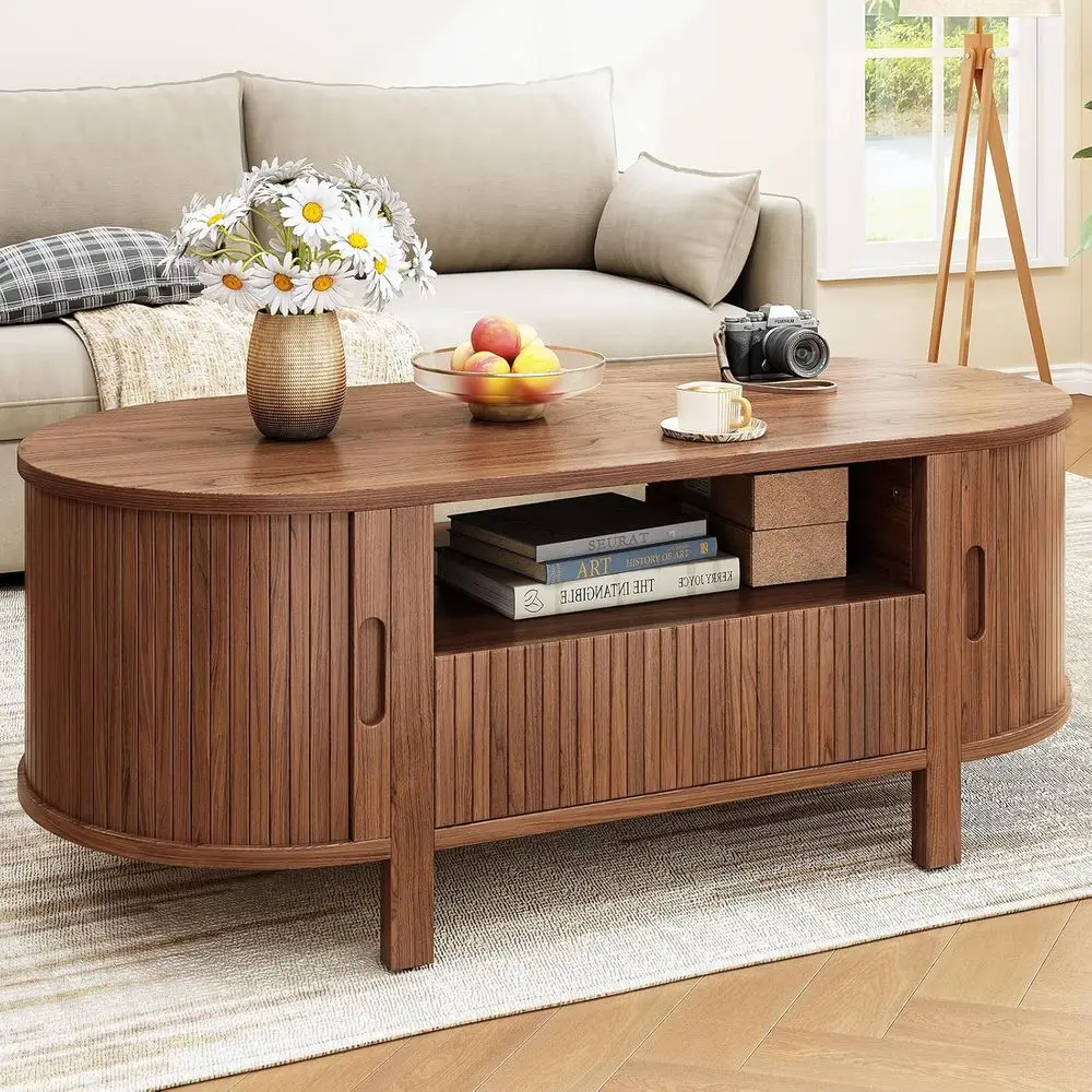 47.2 Inch Oval Coffee Table with Storage, Modern Design, Sliding Door, Wooden Handle for Living Room, Walnut Finish
47.2 Inch Oval Coffee Table with Storage, Modern Design, Sliding Door, Wooden Handle for Living Room, Walnut Finish