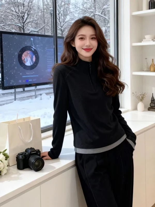 Deep ey Korean Sle Contrast Color Double Sided Fce Long Sve Women's T-irt Spring plus Size Slimming Inner Wear Ba...
Deep ey Korean Sle Contrast Color Double Sided Fce Long Sve Women's T-irt Spring plus Size Slimming Inner Wear Ba...