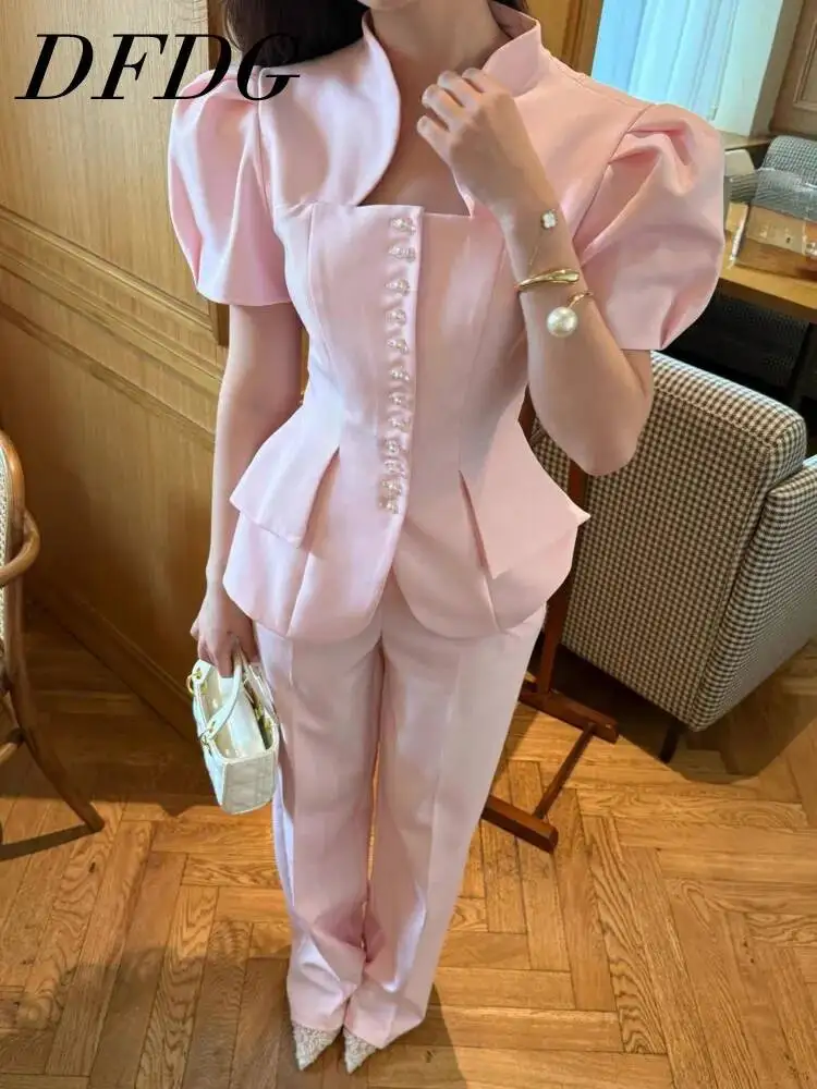 DFDG Women 2026 Spring Summer Pearl Button Two Piece Outfit Puff Short Sleeve Ruched Waist Blazer High Waist Wide Leg Pants Set
DFDG Women 2026 Spring Summer Pearl Button Two Piece Outfit Puff Short Sleeve Ruched Waist Blazer High Waist Wide Leg Pants Set