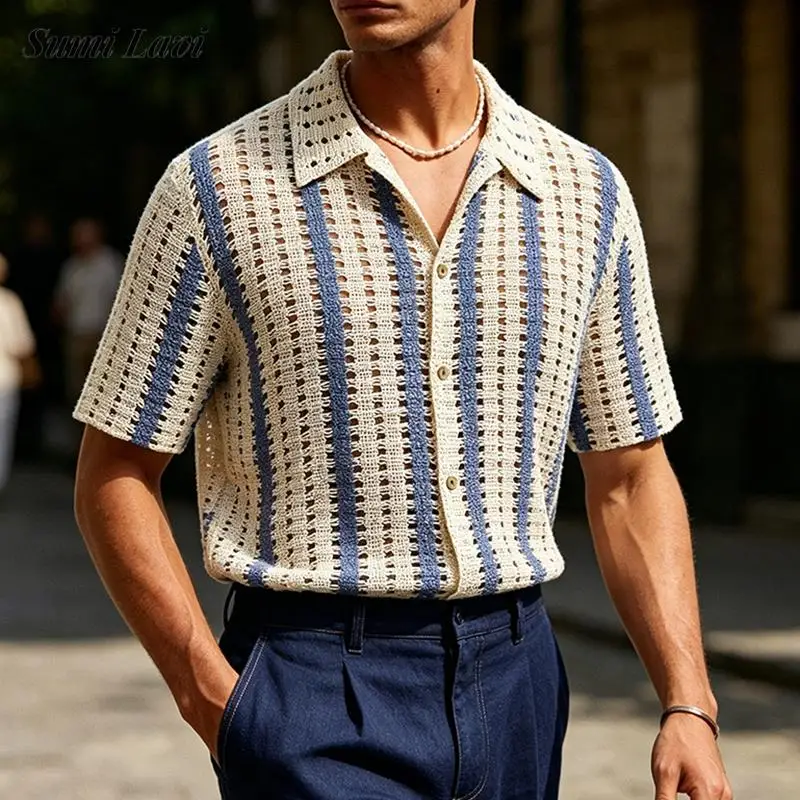 Sexy Hollow Out Knitting Stripe Shirts Mens Summer Outdoor Casual Breathable Short Sleeve Shirt Tops Men Vintage Button-up Shirt
Sexy Hollow Out Knitting Stripe Shirts Mens Summer Outdoor Casual Breathable Short Sleeve Shirt Tops Men Vintage Button-up Shirt