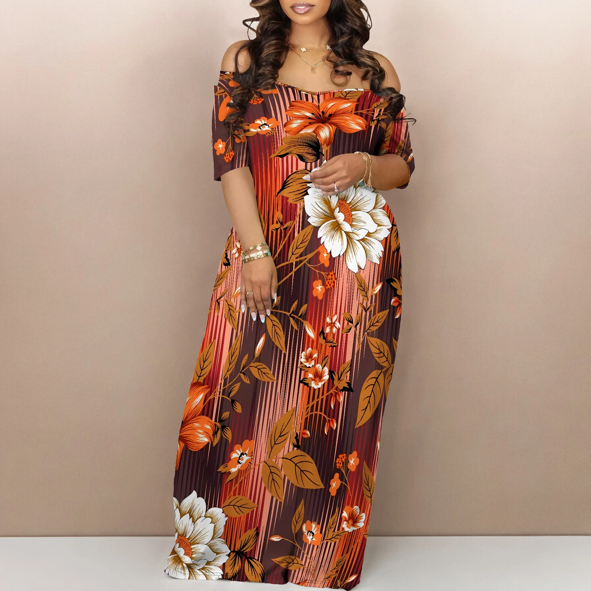 Boho Off Shoulder Maxi Dress Women Brown Floral Stripe Print Casual Summer Long Dress
Boho Off Shoulder Maxi Dress Women Brown Floral Stripe Print Casual Summer Long Dress