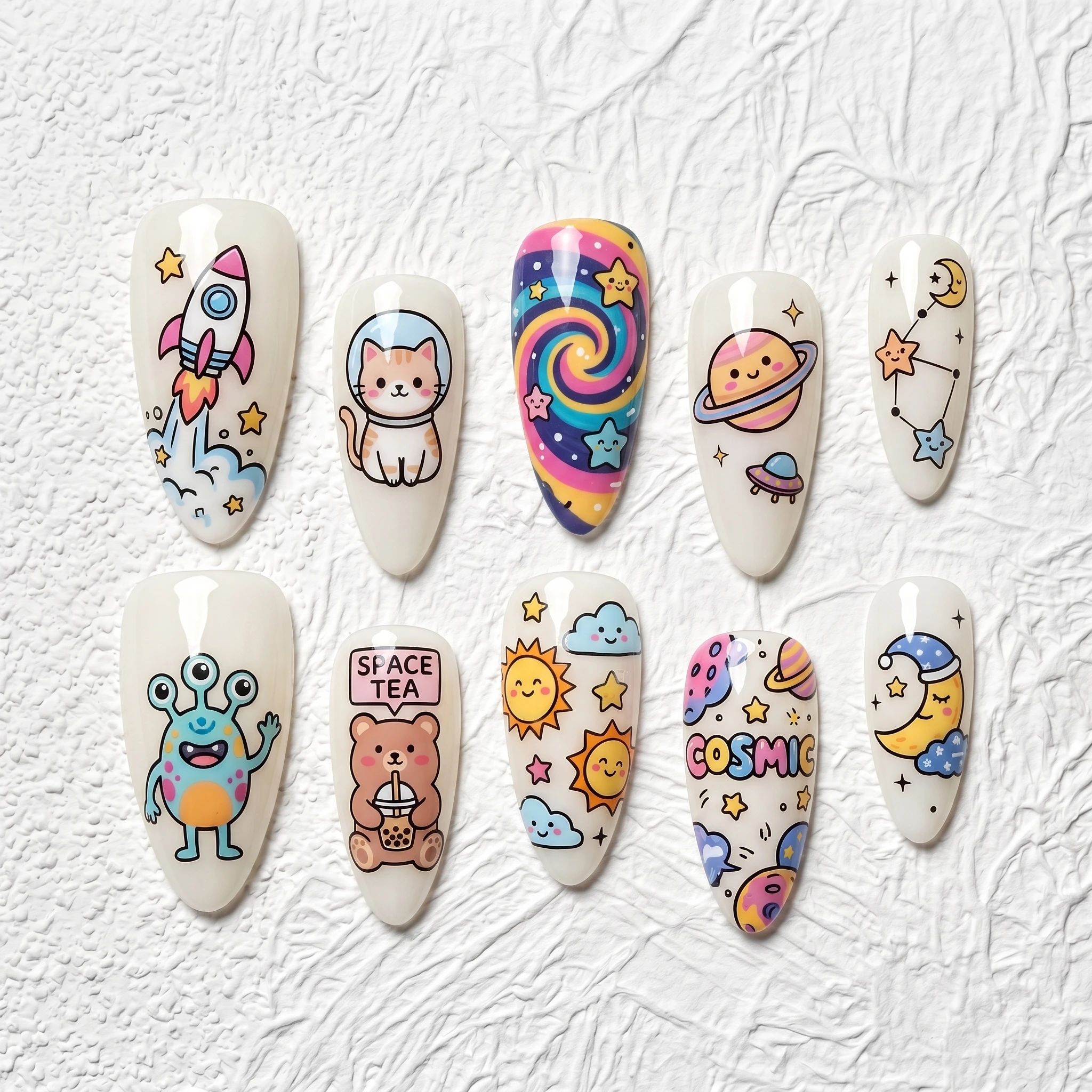 Artisan Handcrafted 10PCS Cosmic Space Adventure Almond Press-On Nails | Kawaii Rocket, Astronaut Cat, Alien & 'COSMIC' Galaxy
Artisan Handcrafted 10PCS Cosmic Space Adventure Almond Press-On Nails | Kawaii Rocket, Astronaut Cat, Alien & 'COSMIC' Galaxy