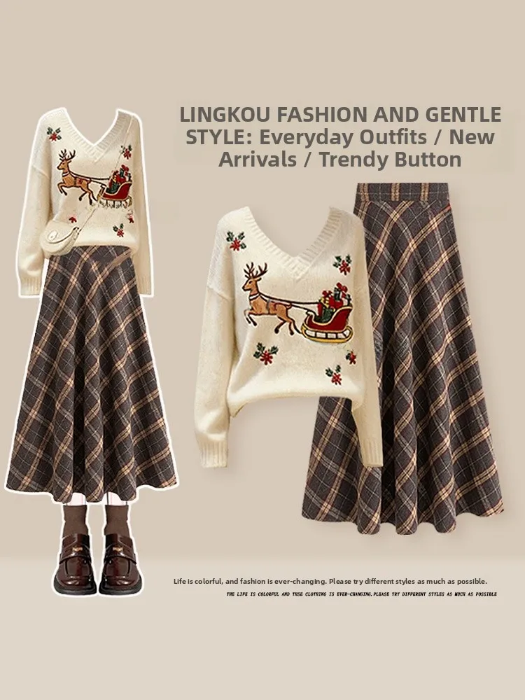 Retro Knitted Sweater And Plaid Skirt Set for Women Autumn Winter Fashion Ensemble High Waist V-Neck Long Sleeve Midi Dress
Retro Knitted Sweater And Plaid Skirt Set for Women Autumn Winter Fashion Ensemble High Waist V-Neck Long Sleeve Midi Dress