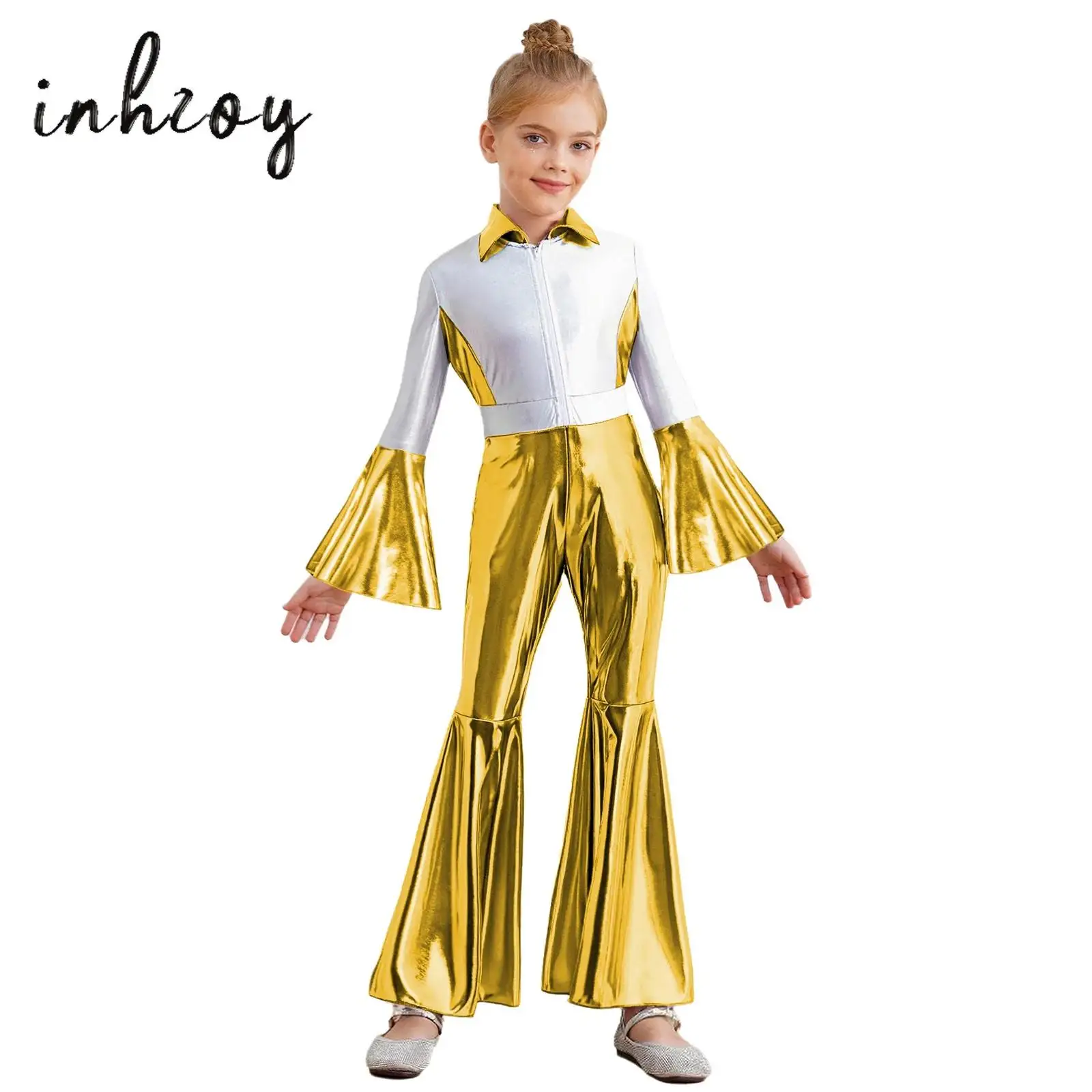 Kids Girls 70s 80s Disco Dance Jumpsuit Gloss Metallic Contrast Color Turn-Down Collar Bell Sleeve Long Leg Flare Pants Rompers
Kids Girls 70s 80s Disco Dance Jumpsuit Gloss Metallic Contrast Color Turn-Down Collar Bell Sleeve Long Leg Flare Pants Rompers