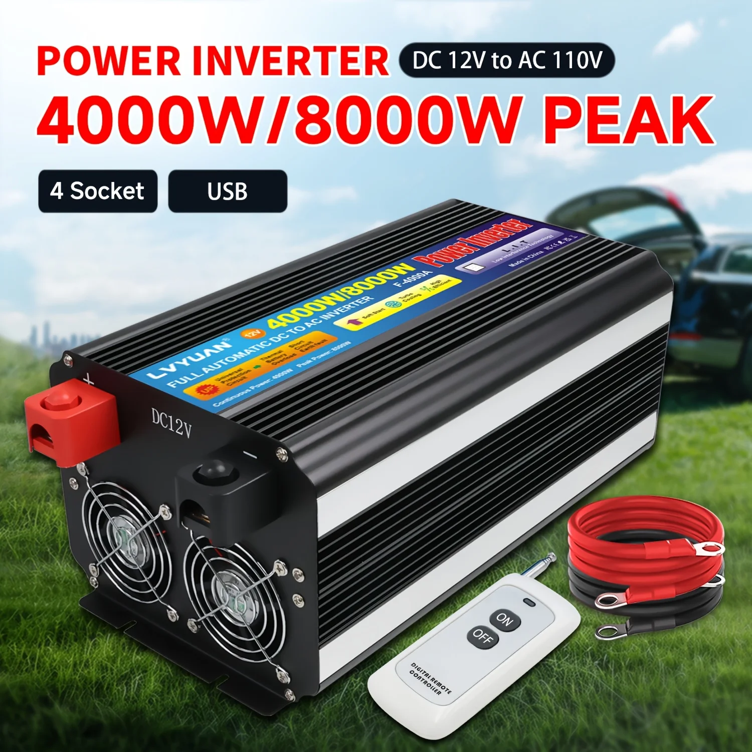 LVYUAN Car Power Inverter 600W/4000 Watts 12V to 110V with 4 AC Outlets, LCD Display, Wireless Remote Control, Car Power Inverter for Car, RV, Truck, Off Grid Solar System, Camping 24V Car Additions, Without Battery
LVYUAN Car Power Inverter 600W/4000 Watts 12V to 110V with 4 AC Outlets, LCD Display, Wireless Remote Control, Car Power Inverter for Car, RV, Truck, Off Grid Solar System, Camping 24V Car Additions, Without Battery