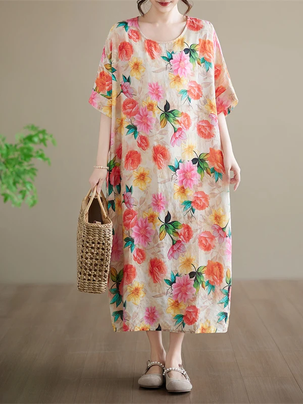 Summer Loose Large Size Cotton Linen Print round Neck Short Sleeve Knee-Length Dress Slimming Thin Skin-Friendly Long Dress
Summer Loose Large Size Cotton Linen Print round Neck Short Sleeve Knee-Length Dress Slimming Thin Skin-Friendly Long Dress