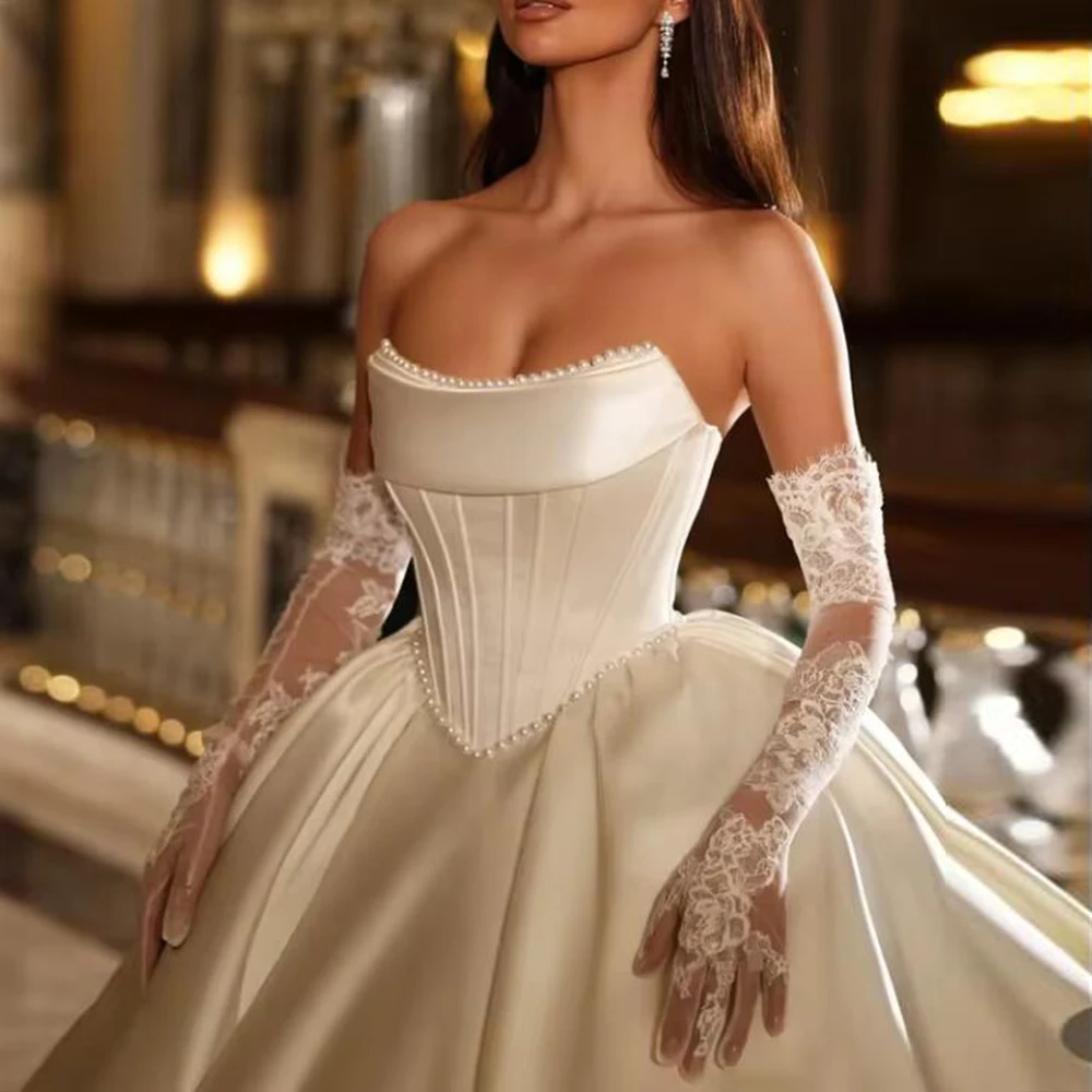 Elegant Soft Satin Wedding Dresses For Bride Strapless Pearls Bridal Gowns Cusstom Made Lace-Up Women Outfits Robe De Mariee
Elegant Soft Satin Wedding Dresses For Bride Strapless Pearls Bridal Gowns Cusstom Made Lace-Up Women Outfits Robe De Mariee