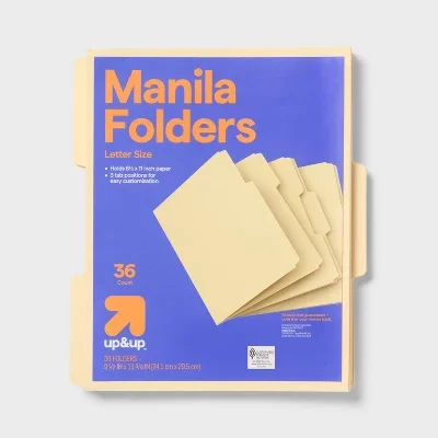 36ct Manila File Folders - up&up: Top Tab, Non-Pronged, 12 Sheet Capacity, Brown, 11.62" x 9.5", 36 Pack
36ct Manila File Folders - up&up: Top Tab, Non-Pronged, 12 Sheet Capacity, Brown, 11.62" x 9.5", 36 Pack