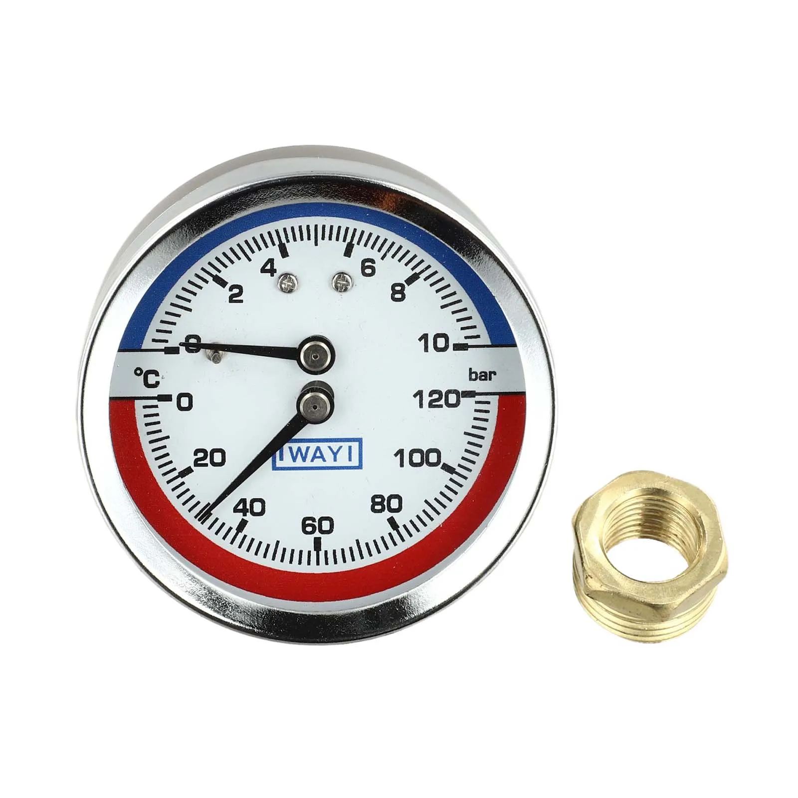 Multi Thread Temperature Pressure Gauge for Boiler For Floor Heating Systems 0 to 10 Bar Pressure and 0 to 120 Degree Celsius
Multi Thread Temperature Pressure Gauge for Boiler For Floor Heating Systems 0 to 10 Bar Pressure and 0 to 120 Degree Celsius