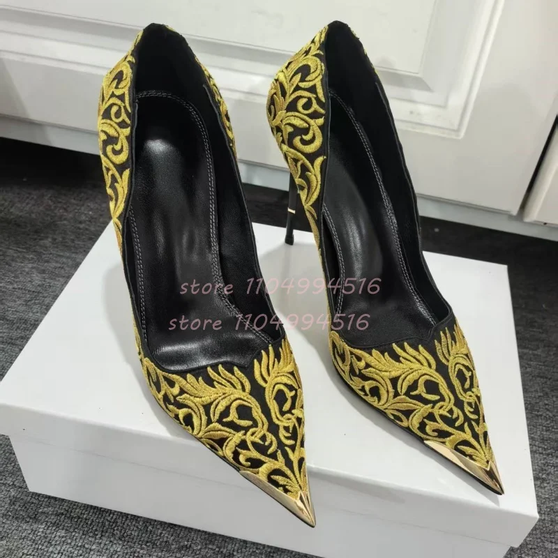 Luxury Gold Embroider Pointed Toe High Heels Women Metal Toe Cap Shallow Stiletto Sandals Lady Sexy Party Evening Single Shoes
Luxury Gold Embroider Pointed Toe High Heels Women Metal Toe Cap Shallow Stiletto Sandals Lady Sexy Party Evening Single Shoes