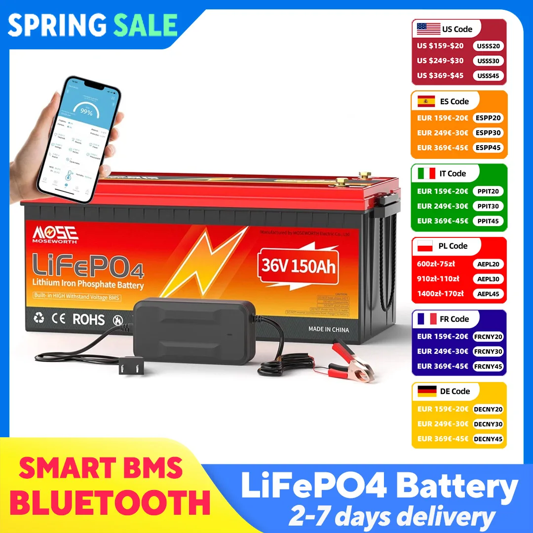 MOSEWORTH 36V 150AH LiFePO4 Батарея с Bluetooth 200A BMS Литиевые аккумуляторные батареи с зарядным устройством для гольф-кара Solar RV
MOSEWORTH 36V 150AH LiFePO4 Батарея с Bluetooth 200A BMS Литиевые аккумуляторные батареи с зарядным устройством для гольф-кара Solar RV