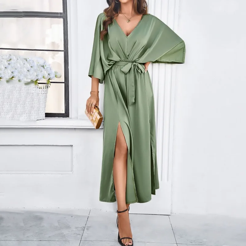 

Women's Summer Clothes Elegant V-neck Loose Dress Temperament Commuting 2024 New Female Fashion Bat Sleeve Lace Up Maxi Dresses