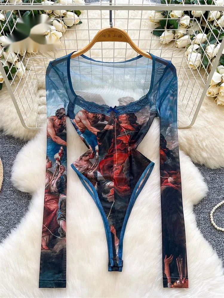 Art Print Playsuits Ladies Squre Neck Long Sleeves Lace Slim Mesh Bodysuits Streetwear Holiday Vintage Sexy Top
Art Print Playsuits Ladies Squre Neck Long Sleeves Lace Slim Mesh Bodysuits Streetwear Holiday Vintage Sexy Top