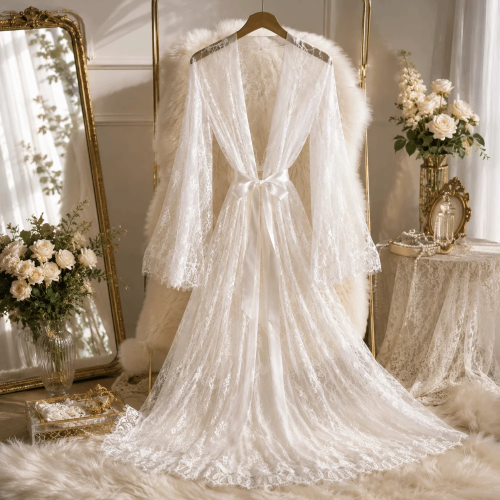 Elegant Long Sleeve Long Lace Robes Hollow Out Nightdress Sheer Robes Dress Transparent Ultra-thin Bridal Robe Home
Elegant Long Sleeve Long Lace Robes Hollow Out Nightdress Sheer Robes Dress Transparent Ultra-thin Bridal Robe Home