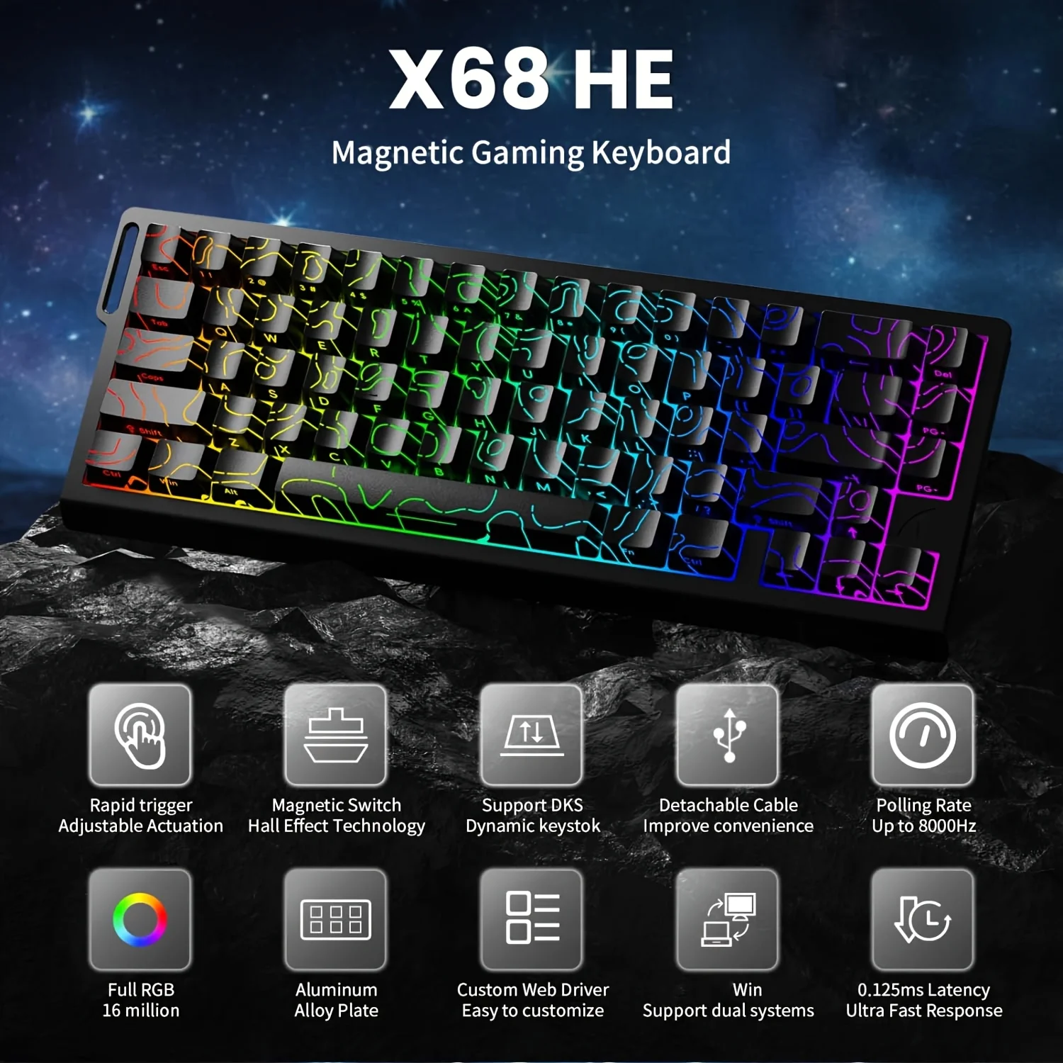 Magnetic Mechanical Keyboard ATTACK SHARK X68HE Wired RGB 8K E-Sports Gaming Keyboard 0.01mm RT Accuracy 128K Scan Rate Custom
Magnetic Mechanical Keyboard ATTACK SHARK X68HE Wired RGB 8K E-Sports Gaming Keyboard 0.01mm RT Accuracy 128K Scan Rate Custom