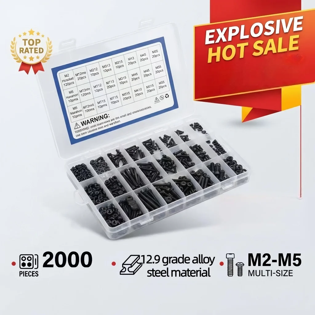 M2-M5 Hexagon Socket Head Cap Screws Made of Alloy Steel, 2000 Pieces Hardware Combination Set
M2-M5 Hexagon Socket Head Cap Screws Made of Alloy Steel, 2000 Pieces Hardware Combination Set