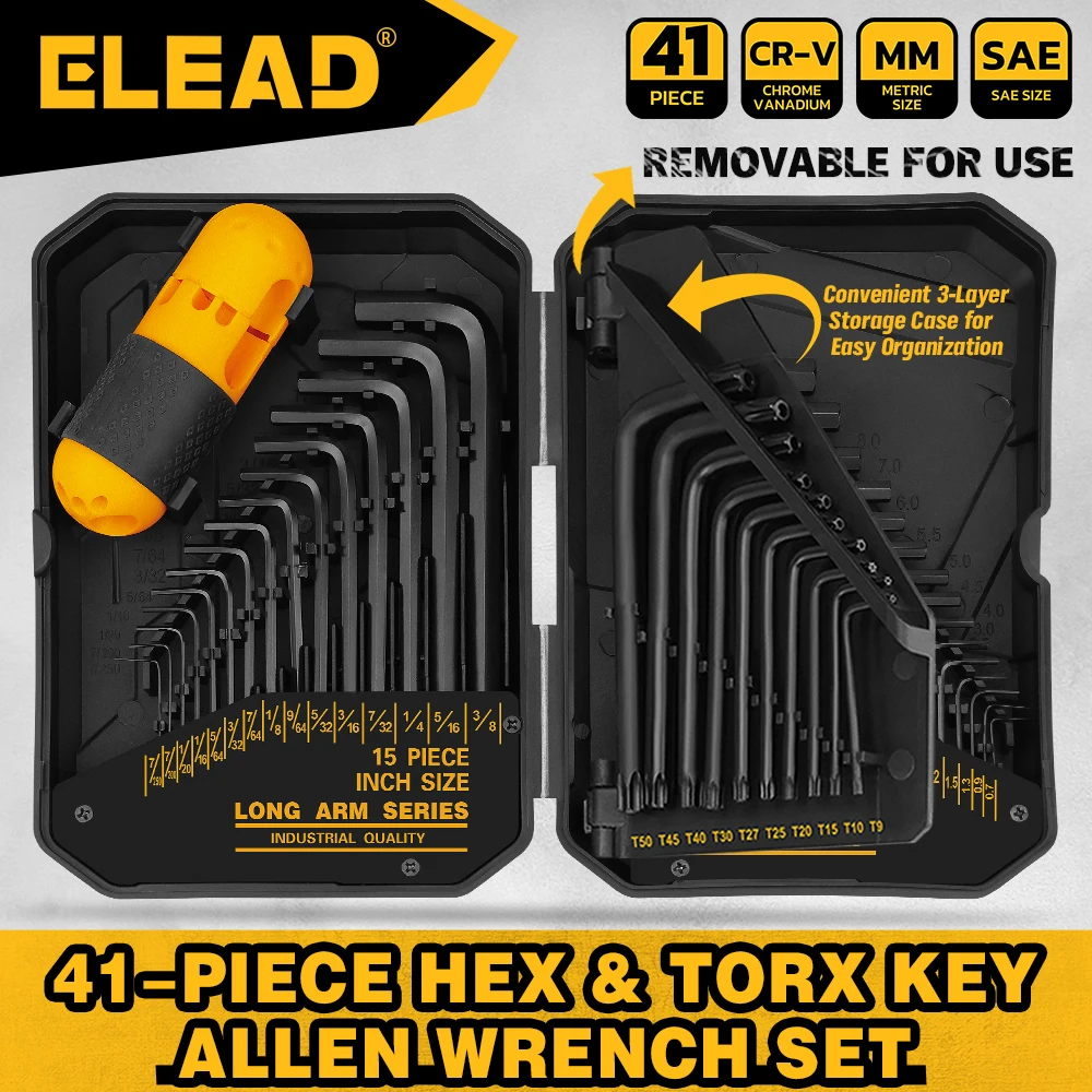 ELEAD 41PC Hex Key Allen Wrench Set Standard SAE(0.028"-3/8") & Metric(0.7mm-10mm) & Torx(T9-T50) in Storage Case GJ0050
ELEAD 41PC Hex Key Allen Wrench Set Standard SAE(0.028"-3/8") & Metric(0.7mm-10mm) & Torx(T9-T50) in Storage Case GJ0050