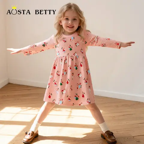 Faldas navideñas de otoño para niños, vestidos de manga larga con estampado de árbol de Navidad de Europa y América, vestidos redondos de algodón tejidos ne