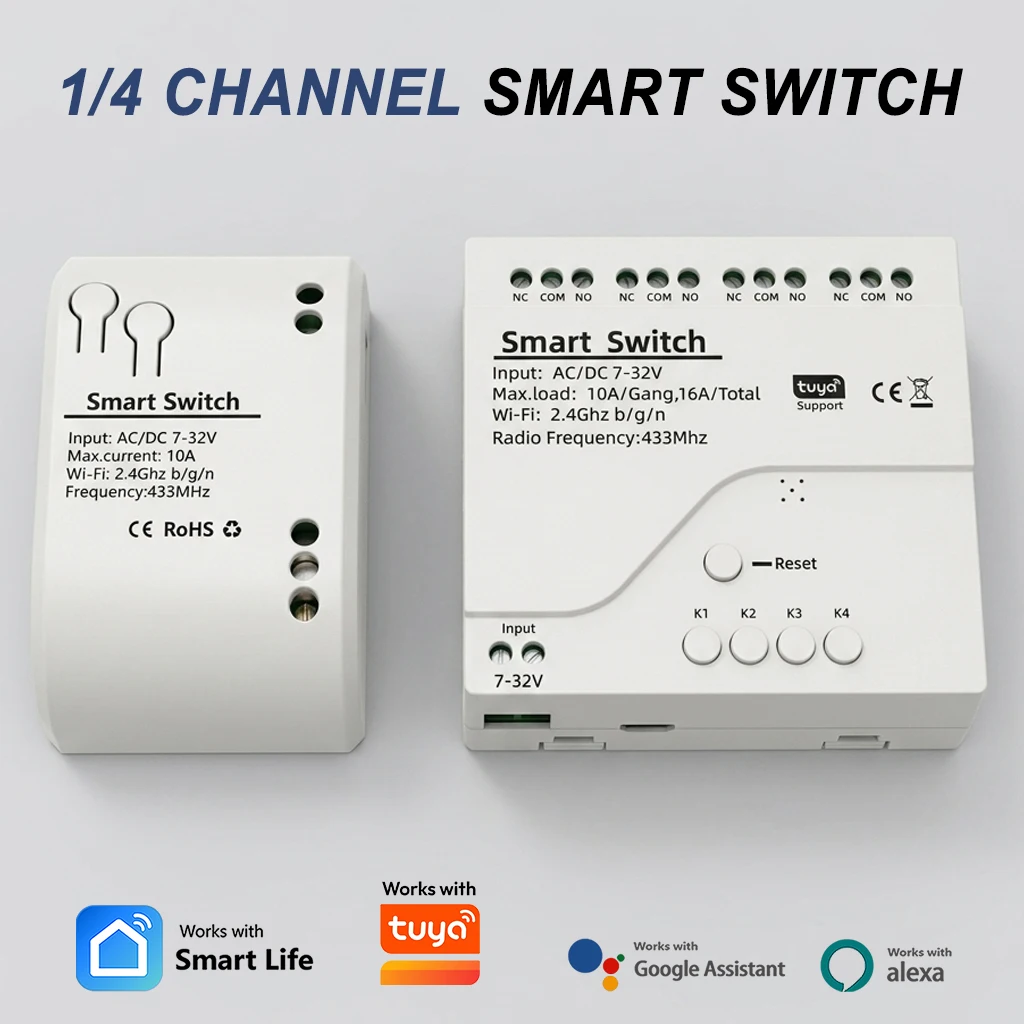 1/4 Channel Smart Relay Board WiFi Remote Breaker Control 1/4 Way Switch Controller 12V 24V 220V Works with Tuya RF433 Alexa
1/4 Channel Smart Relay Board WiFi Remote Breaker Control 1/4 Way Switch Controller 12V 24V 220V Works with Tuya RF433 Alexa