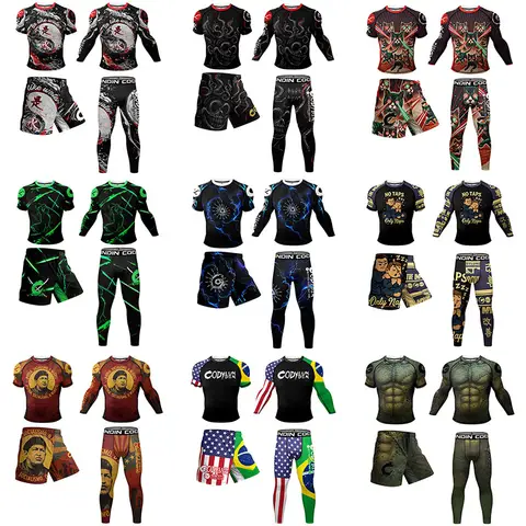 Cody Lundin OEM Fitness Enthusiast Sports Tight Set softness Adult Men's Round Neck Printed MMA BJJ Sports Training 4-piece Set