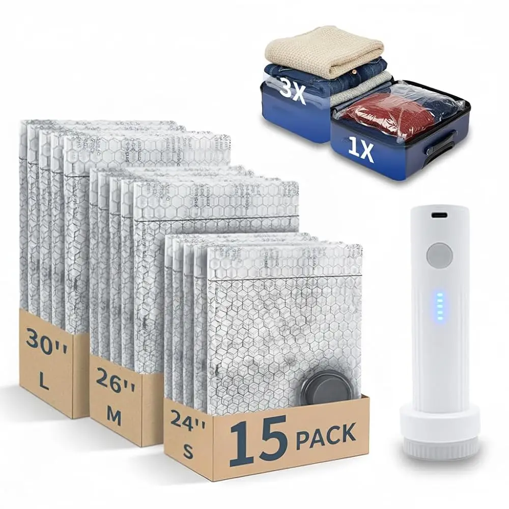 Free ShippingFree ShippingVacuum Storage Bags for Travel with Portable Pump, 15PCS Reusable Compression Bags for Clothes Luggag
Free ShippingFree ShippingVacuum Storage Bags for Travel with Portable Pump, 15PCS Reusable Compression Bags for Clothes Luggag