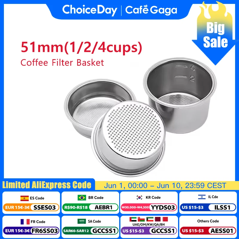 51mm 1/2/4 Cups Stainless Steel Replacement Filter Basket for Coffee Bottomless Portafilter Delonghi Espresso Machine Parts
51mm 1/2/4 Cups Stainless Steel Replacement Filter Basket for Coffee Bottomless Portafilter Delonghi Espresso Machine Parts