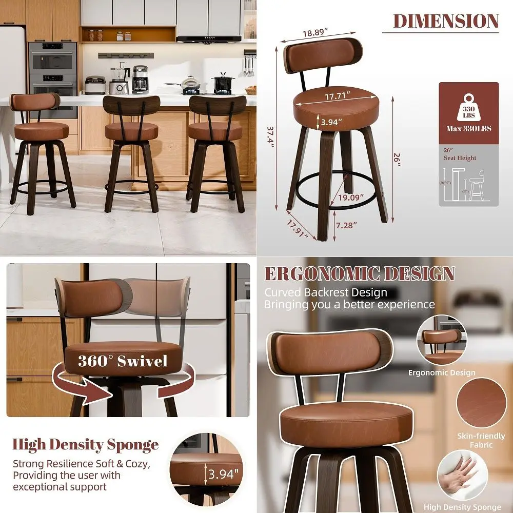 Bar Stools Set of 3, Brown 26 Upholstered Counter Height Bar Stools with Back and Wood Legs, Faux Leather Barstools for Kitchen
Bar Stools Set of 3, Brown 26 Upholstered Counter Height Bar Stools with Back and Wood Legs, Faux Leather Barstools for Kitchen