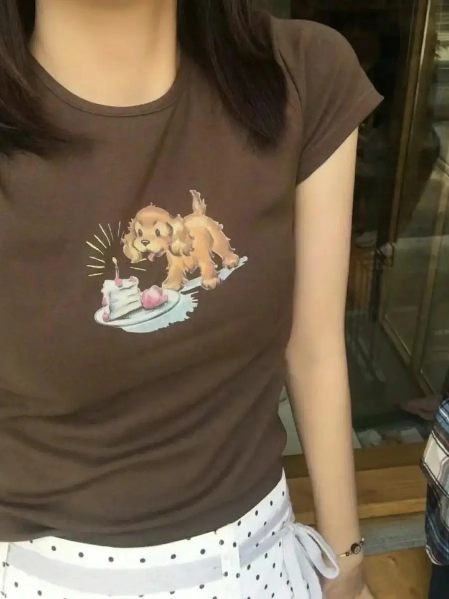Cute Little Dog Print Short Sleeve T-Shirt Women's Slim Fit round Neck Top Dongda Gate Style Summer Cotton Casual Wear
Cute Little Dog Print Short Sleeve T-Shirt Women's Slim Fit round Neck Top Dongda Gate Style Summer Cotton Casual Wear