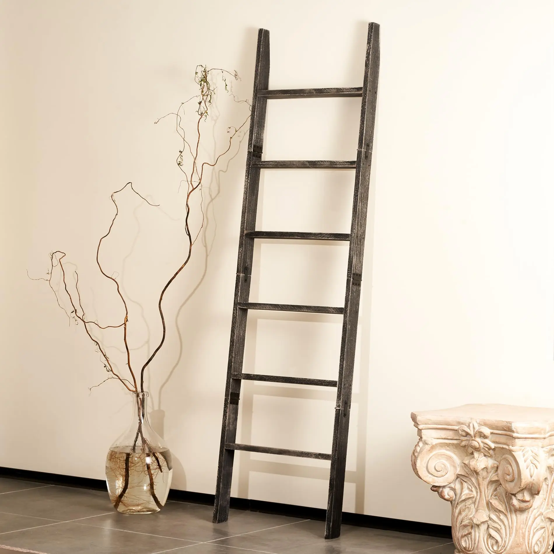 Rustic Black Washed Wood 6 Step Decorative Leaning Ladder For Blankets Towels And Home Display
Rustic Black Washed Wood 6 Step Decorative Leaning Ladder For Blankets Towels And Home Display