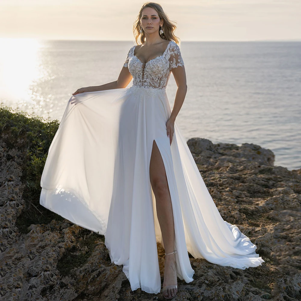Women Chiffon Beach Bohemian Wedding Desss with Side Slit Elegant Deep V-Neck Lace Short Sleeves Customized Bridal Gowns
Women Chiffon Beach Bohemian Wedding Desss with Side Slit Elegant Deep V-Neck Lace Short Sleeves Customized Bridal Gowns