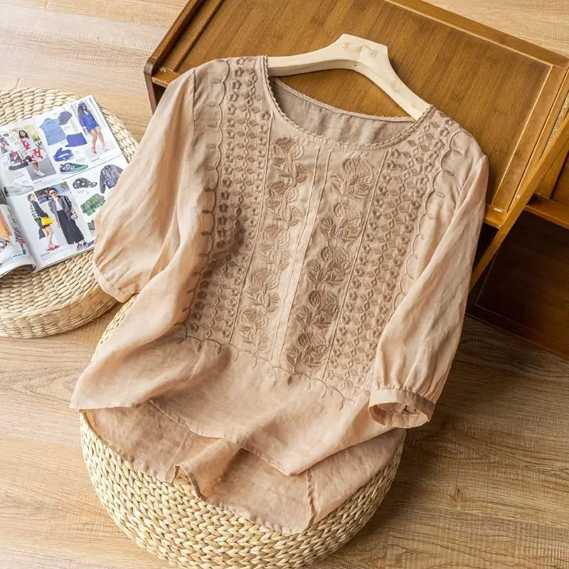 Summer Thin Embroidered Cotton Linen Loose Short Sleeve T-Shirt round Neck Artistic Vintage Breathable Women's Top
Summer Thin Embroidered Cotton Linen Loose Short Sleeve T-Shirt round Neck Artistic Vintage Breathable Women's Top