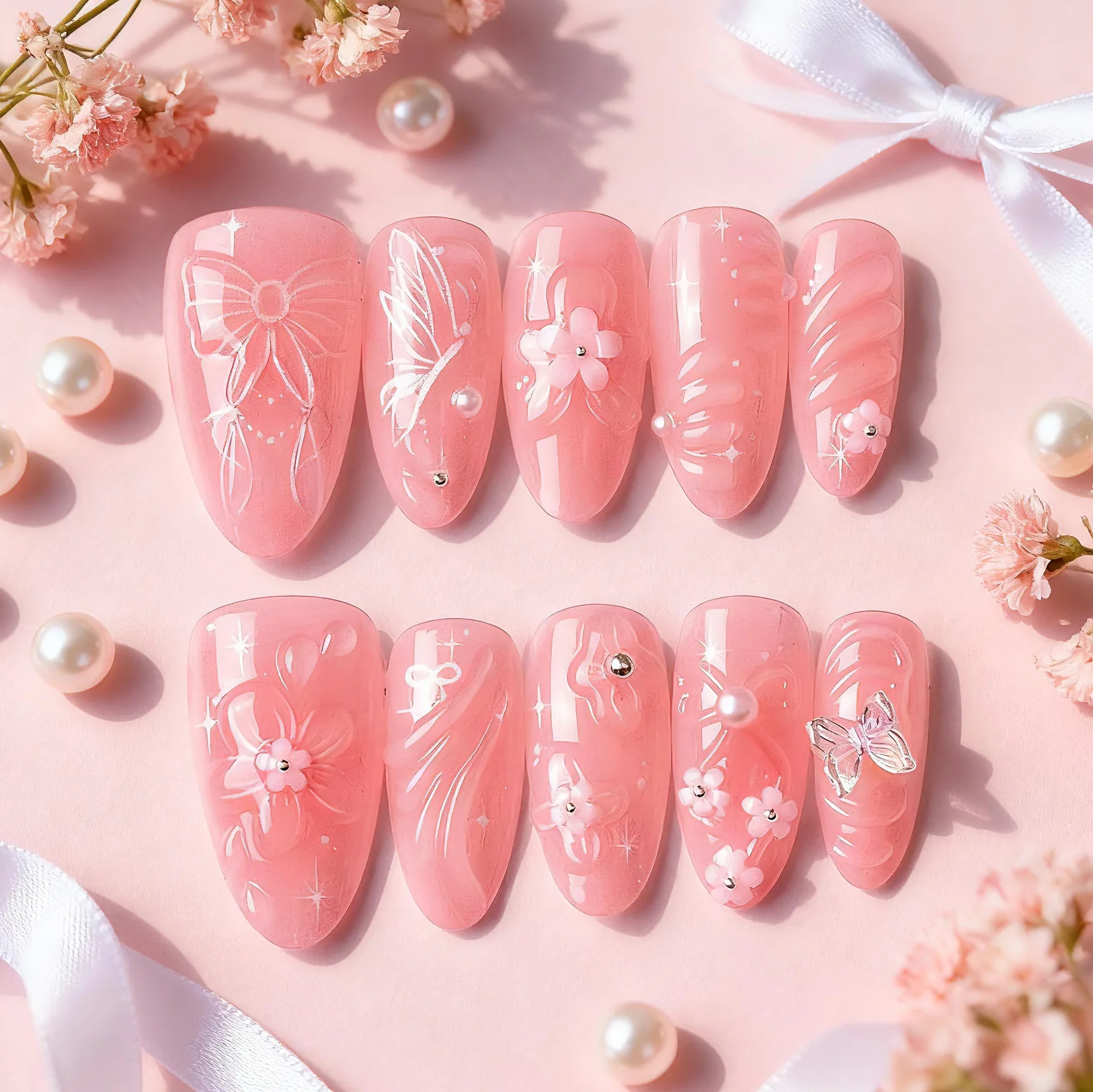 30pcs Press on Fake Nails Set Almond Wearable Swtter Girls Printed Bow False Nail Art Ins Blush Pearl Design Manicure Tips
30pcs Press on Fake Nails Set Almond Wearable Swtter Girls Printed Bow False Nail Art Ins Blush Pearl Design Manicure Tips